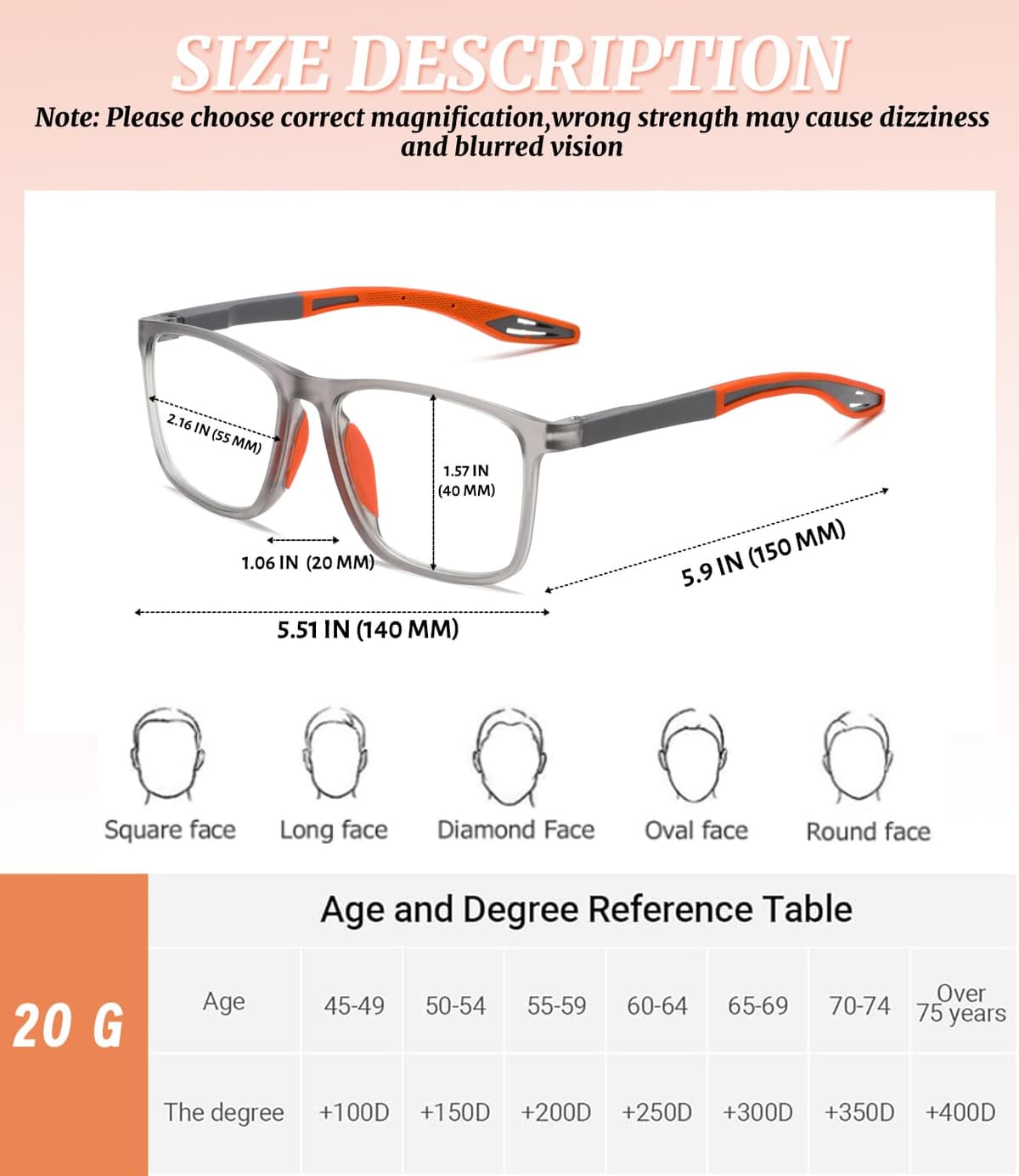 Hubeye Gafas de lectura deportiva para mujeres y hombres ultraligeras anteojos de lectura gafas anti luz azul (Negro+Naranja, 1.75) — view 4