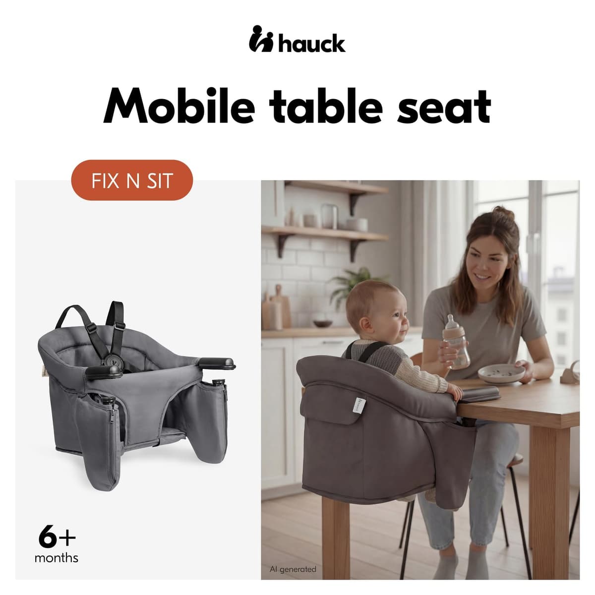 Hauck Fix N Sit Portable Baby Table Seat - Clip-On Travel High Chair for Babies & Toddlers (6m+), Secure 5-Point Harness, Foldable Screw Attachment, Washable Seat Cover, Organiser Pocket — view 2