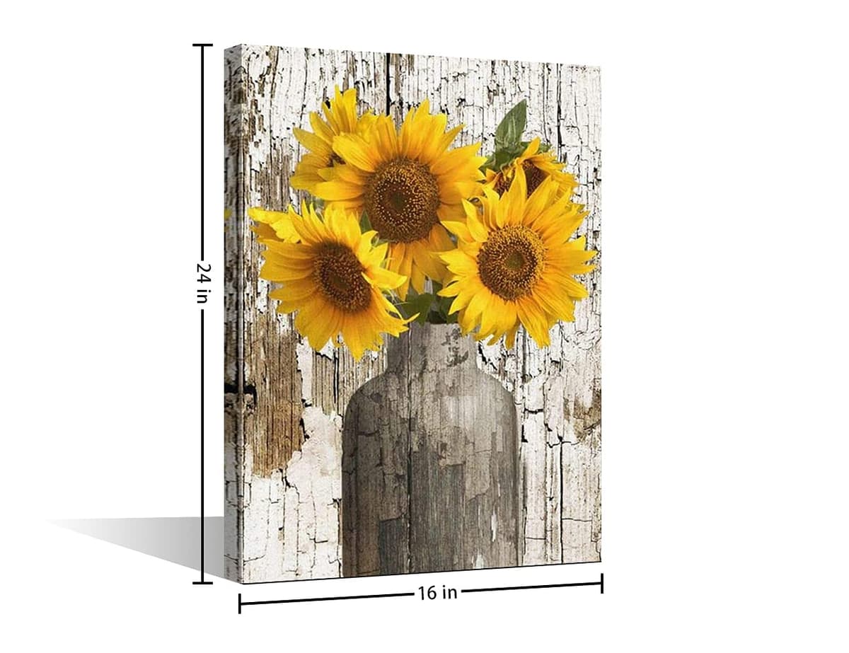 TISHIRON Wall Art Prints Yellow Sunflower in Vase with Frame 24"x16" Canvas Painting Artwork Home Decor Ready to Hang for Bedroom Livingrong Kids Gift — view 2
