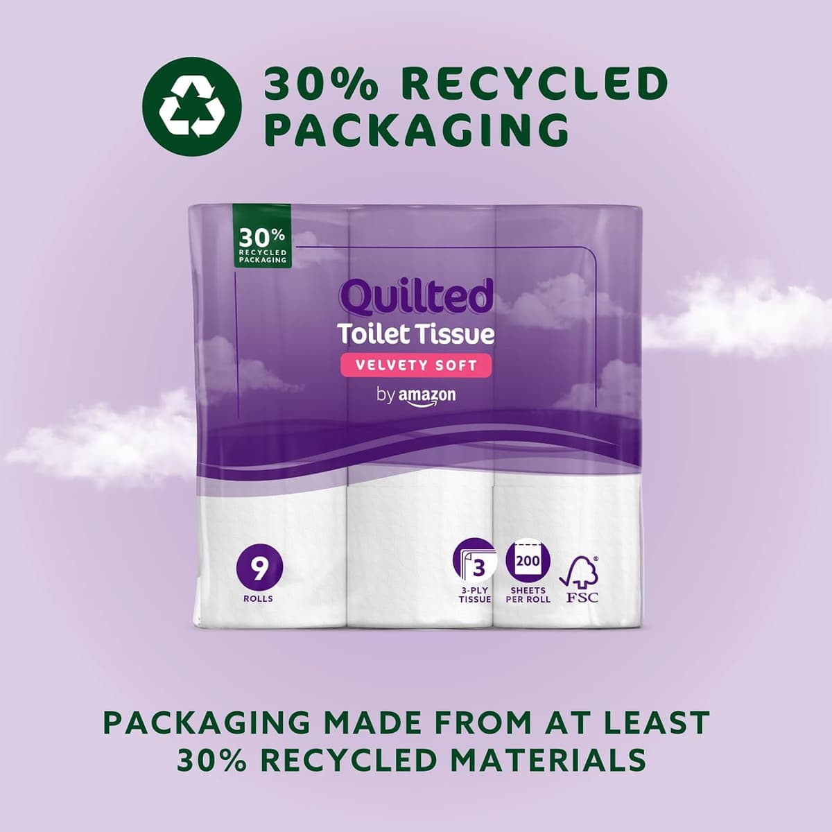 by Amazon Toilet Roll, 3-ply Quilted, Velvety Soft, 45 Rolls (5 Packs of 9), 200 Sheets per Roll, FSC Certified Standard 200 sheet (Pack of 45) — view 5
