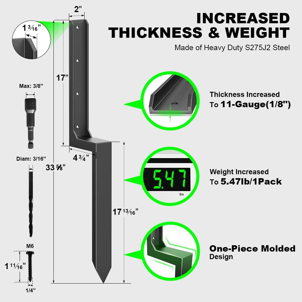 Fence Post Repair Kit - One-Piece Steel Anchors & Stakes to Quick Fix Broken/Leaning 4x4/6x6 Wood Posts (Thickened 11-Gauge, 4-Pack) — view 2
