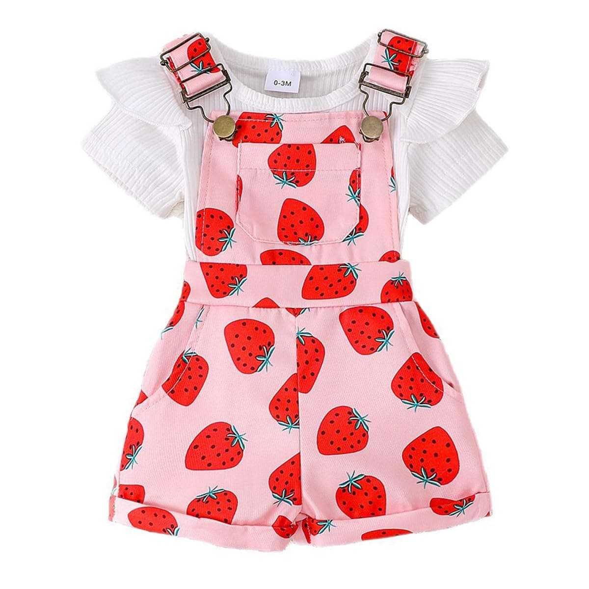 Conjunto Bebé Niña Peto de Verano, Manga Corta Top Acanalado Con Volantes + Ajustable Estampado Floral/Corazones Peto Corto Primavera Conjuntos — view 8