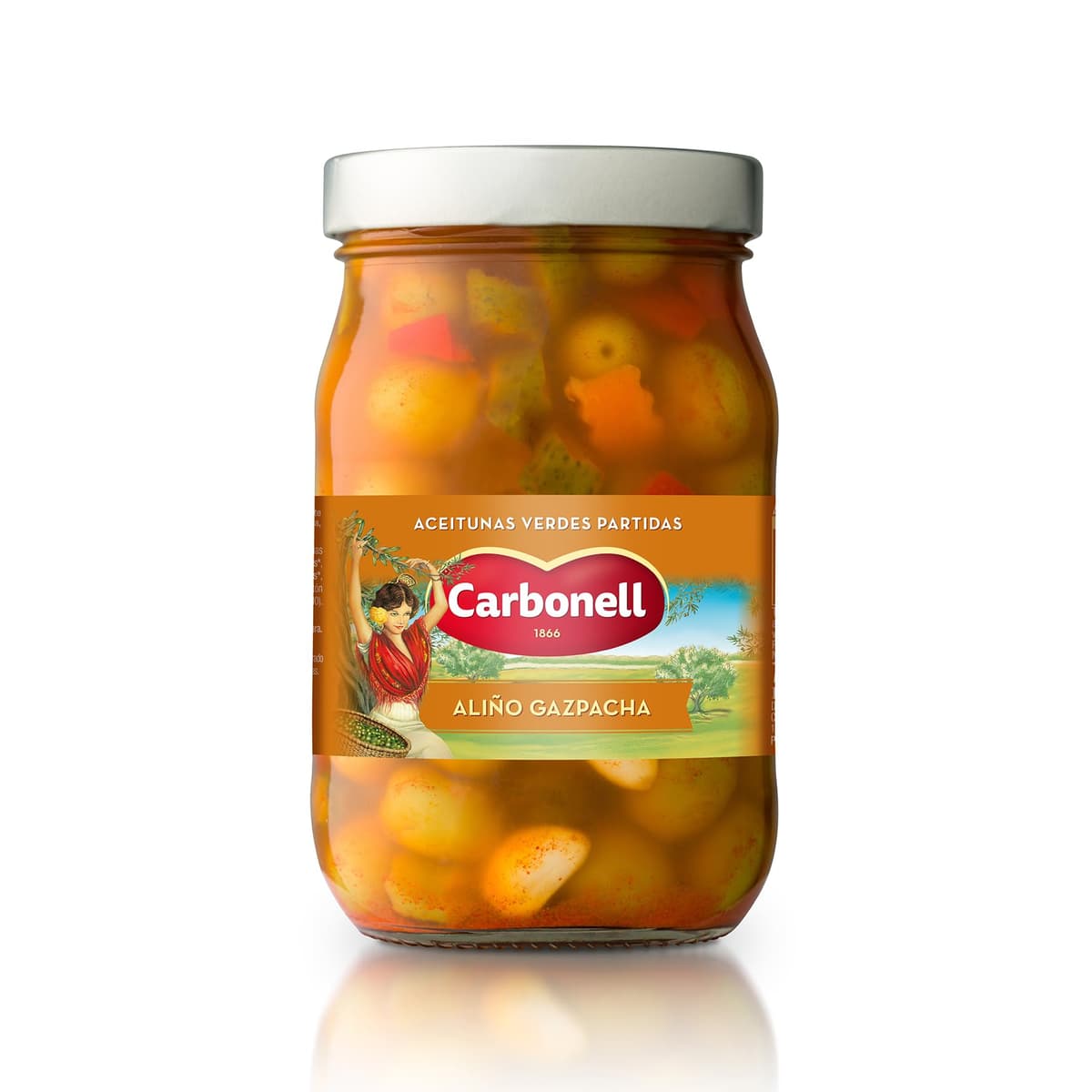 Carbonell - Aceitunas Verdes Partidas con Hueso, Estilo Gazpacha, Variedad Manzanilla, con Vegetales, Aliño de Ajo y Vinagre, con Guindilla y Pimentón Rojo, para un Toque Picante - 450 g