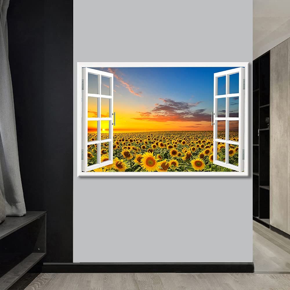 TISHIRON Wall Decorations Sunflower 3D Window View for Living Room Painting Pictures Print On Canvas Wall Art Wooden Frame Ready to Hang (36X24in) — view 4