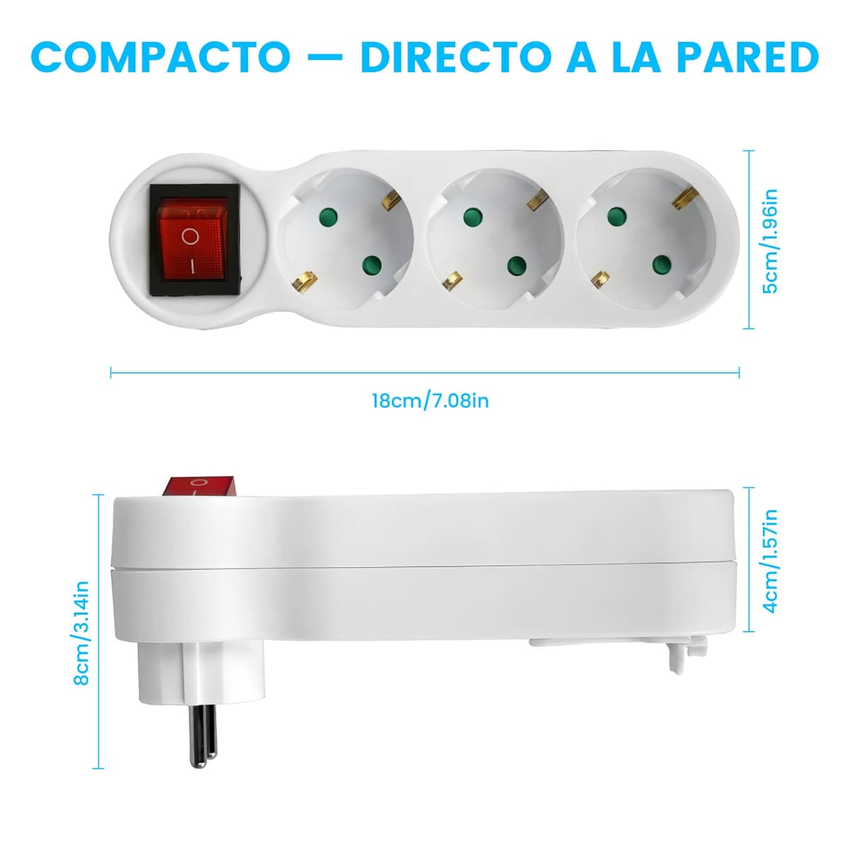 Triple Wall Plug, 3 Sockets with Light Switch, 16A 250V 3680W Max, Compact Design for Small Spaces in Home or Office — view 5