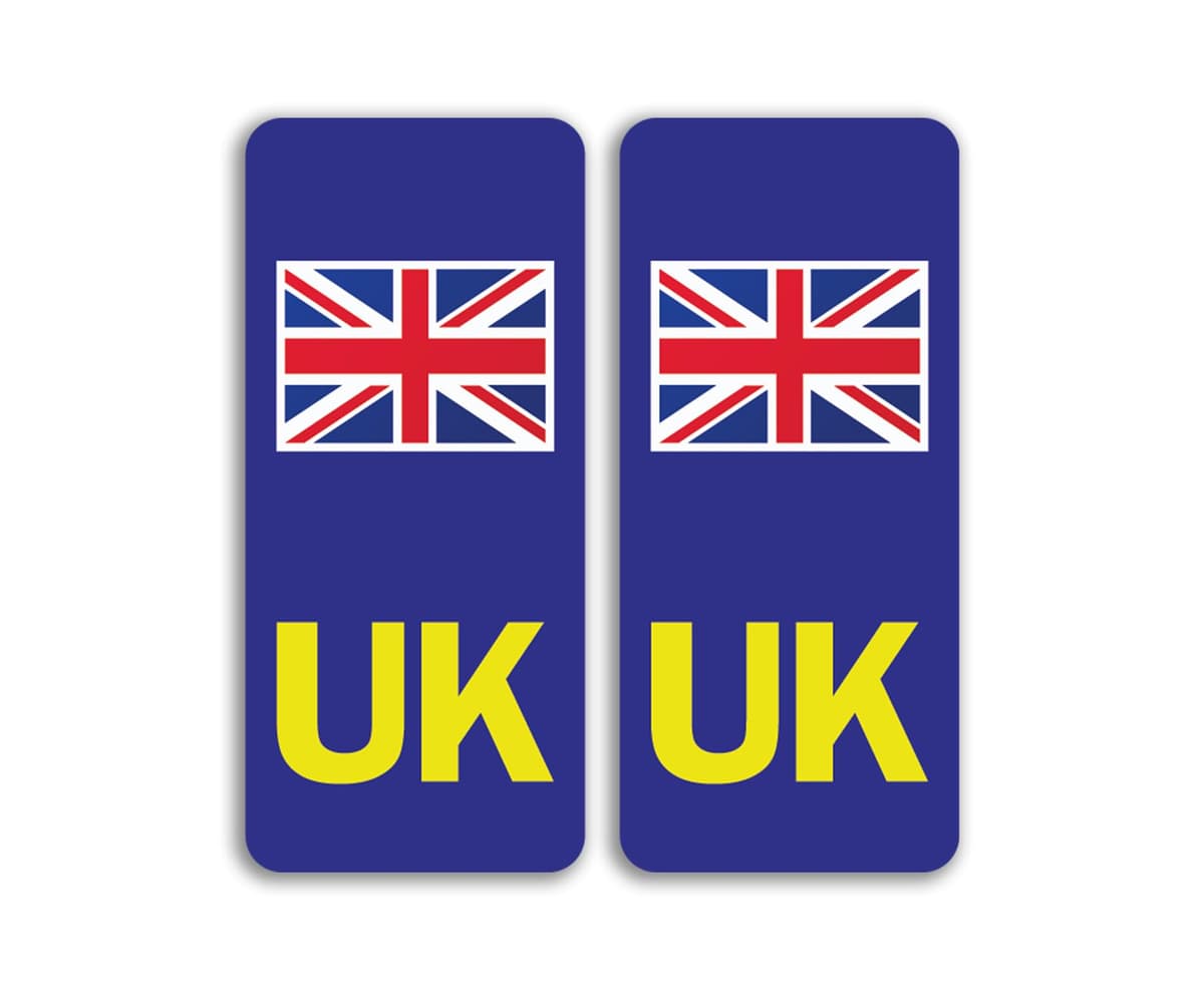 2 x UK Motorbike Numberplate Vinyl Stickers - Flag Abroad Travel Bike Vehicle Number Plate Europe Sticker - Size 24mm x 54mm #81663