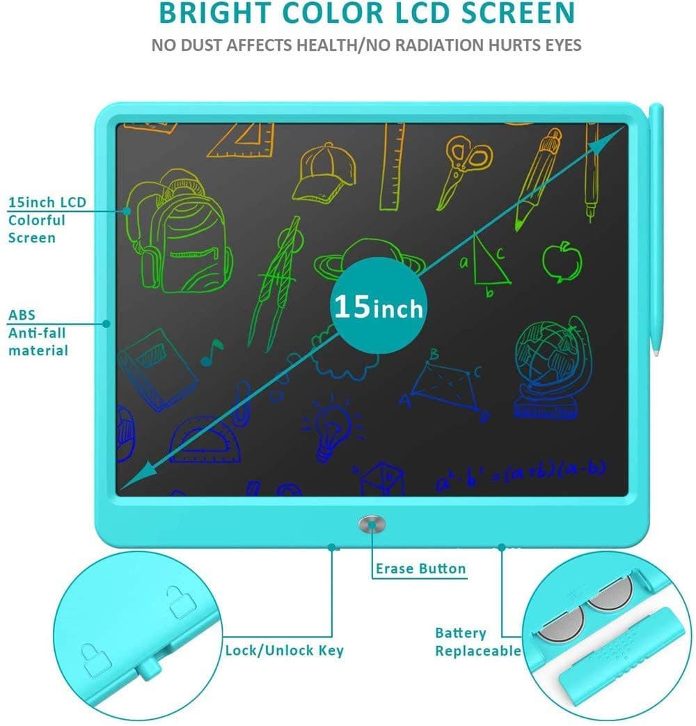 LCD Writing Tablet, Extra Large 15 Inch, Colorful, Erasable Electronic Digital Drawing Pad Doodle Board, Gift for Kids Adults Home School Office (Blue) — view 3