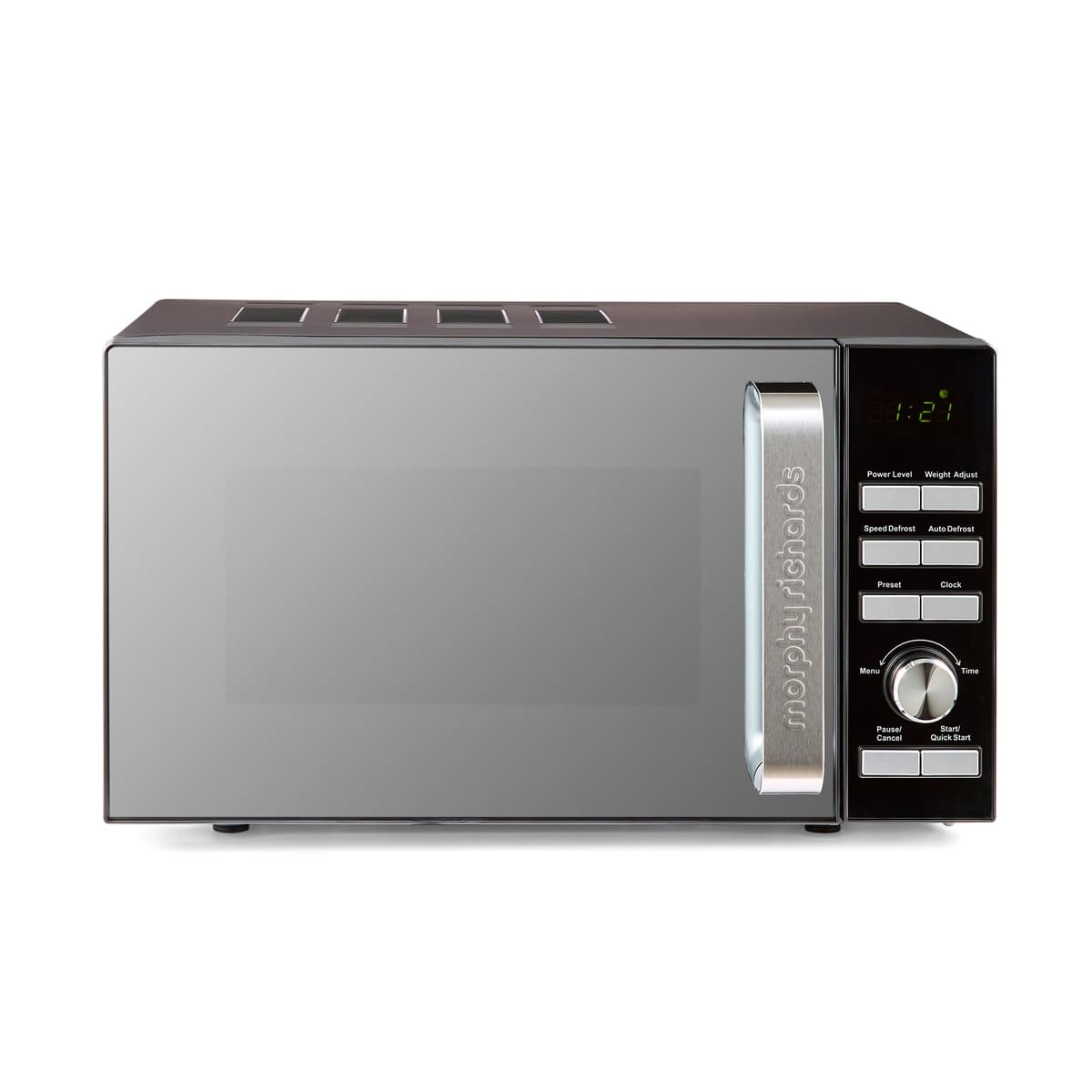 Morphy Richards Digital Microwave with Mirror Glass Door, 20L Capacity, 95 Minute Timer fo Cooking, 6 Power Levels, Defrost mode, Glass Turntable, 800W, Matt Black & Silver, Easy Clean, 511443