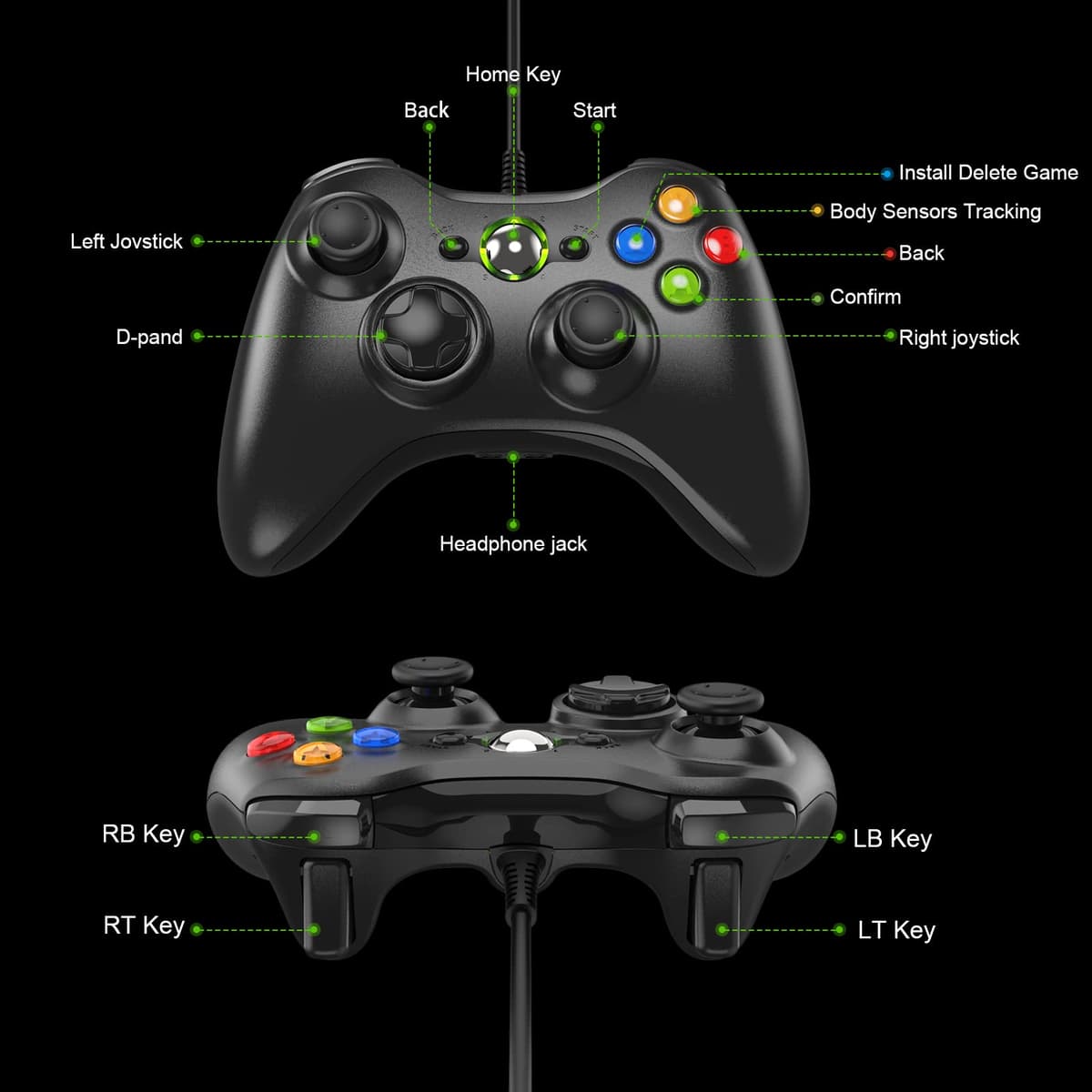 Mando para Xbox 360, Mando PC, USB Mando para Xbox 360/Xbox 360 Slim/PC Win7/8/10/11/XP Joystick Gamepad con Doble Vibración Wired Controlador — view 4