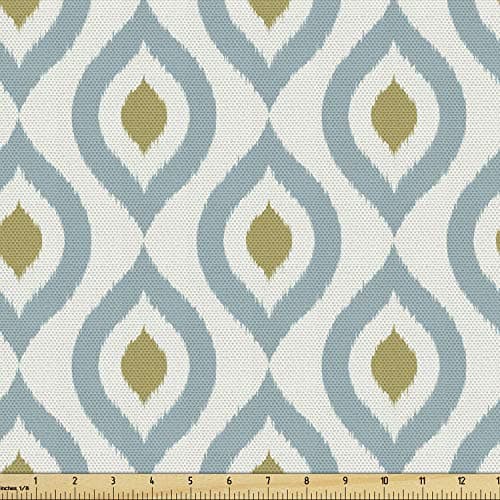 Lunarable Ikat Fabric by The Yard, Geometric Retro Ikat Tribal Pattern Classic Indigenous Lines Eastern Design, Decorative Fabric for Upholstery and Home Accents, 3 Yards, Mustard Cream