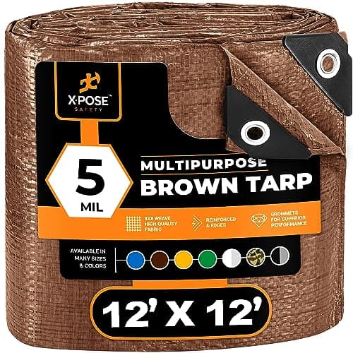 Multipurpose Protective Cover Brown Poly Tarp 12' x 12' - Durable, Water Resistant, Weather Resistant - 5 Mil Thick Polyethylene - by Xpose Safety