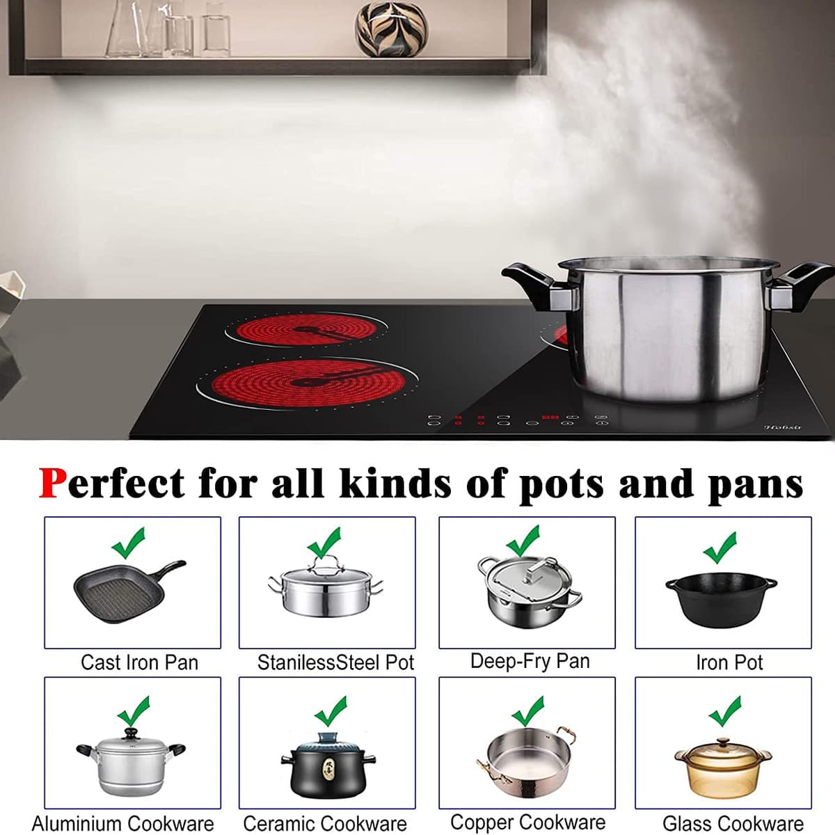 Hobsir hob Ceramic Hob 60 cm Electric Hob 4 Zone with Touch Control 6000W 9 Power Levels Safety Lock Auto switch off safety Residual heat indicator Hard Wire, No Plug Included — view 3