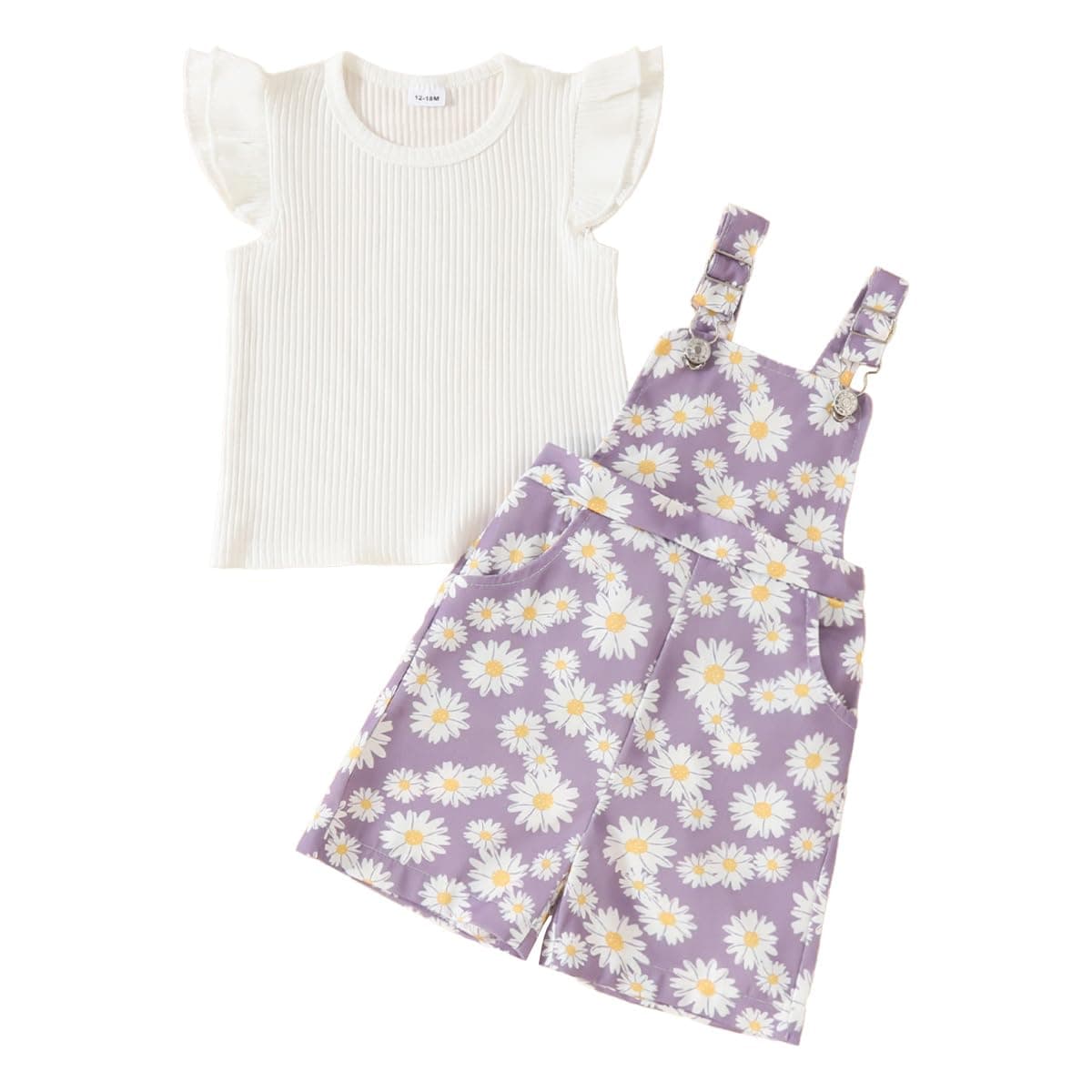 Conjunto Ropa de Verano para Bebé Niña Top de Canalé con Volantes+ Estampado de Margaritas Pantalones Cortos con Peto Bretelles Adorable Infantil Trajes — view 8