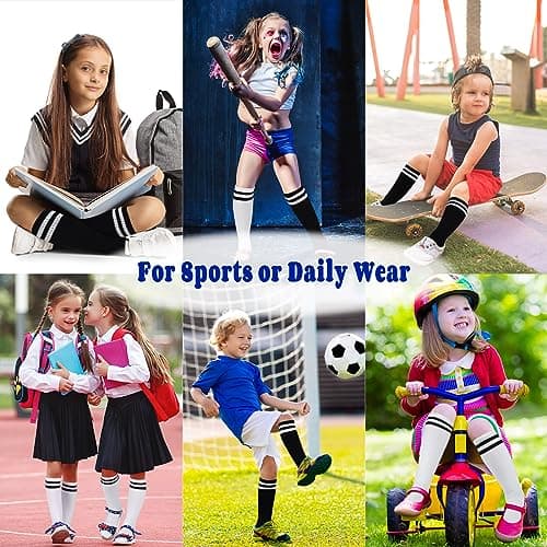 GRPSKCOS Kids Soccer Socks, 2 Pairs Sports Girls Boys Knee High Tube Socks Toddler Stripes School Uniform Stockings（#1 White+Black 3-6 Years） — view 5