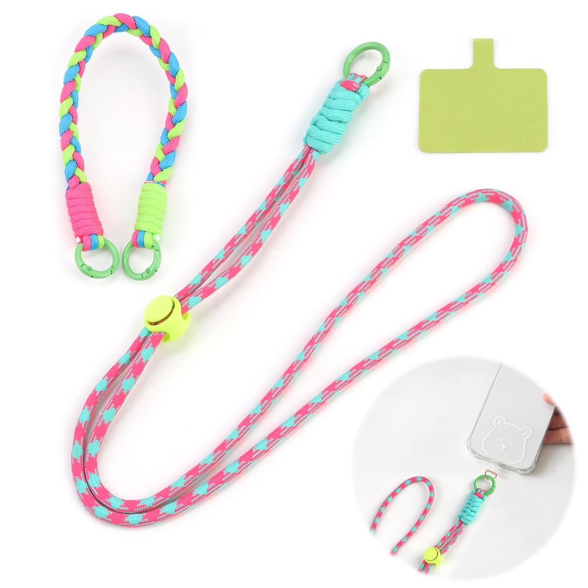 Set of 2 mobile phone necklaces and bracelets in pastel blue and pink for secure hold and stylish wear on neck and wrist, ideal for travel