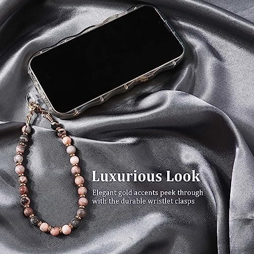 Phone Lanyard Wrist Strap, Stone Beaded Phone Wrist Strap with 2pcs Tether Tabs, Detachable Bracelet Phone Strap Chain for Women Girls (Pink) — view 3