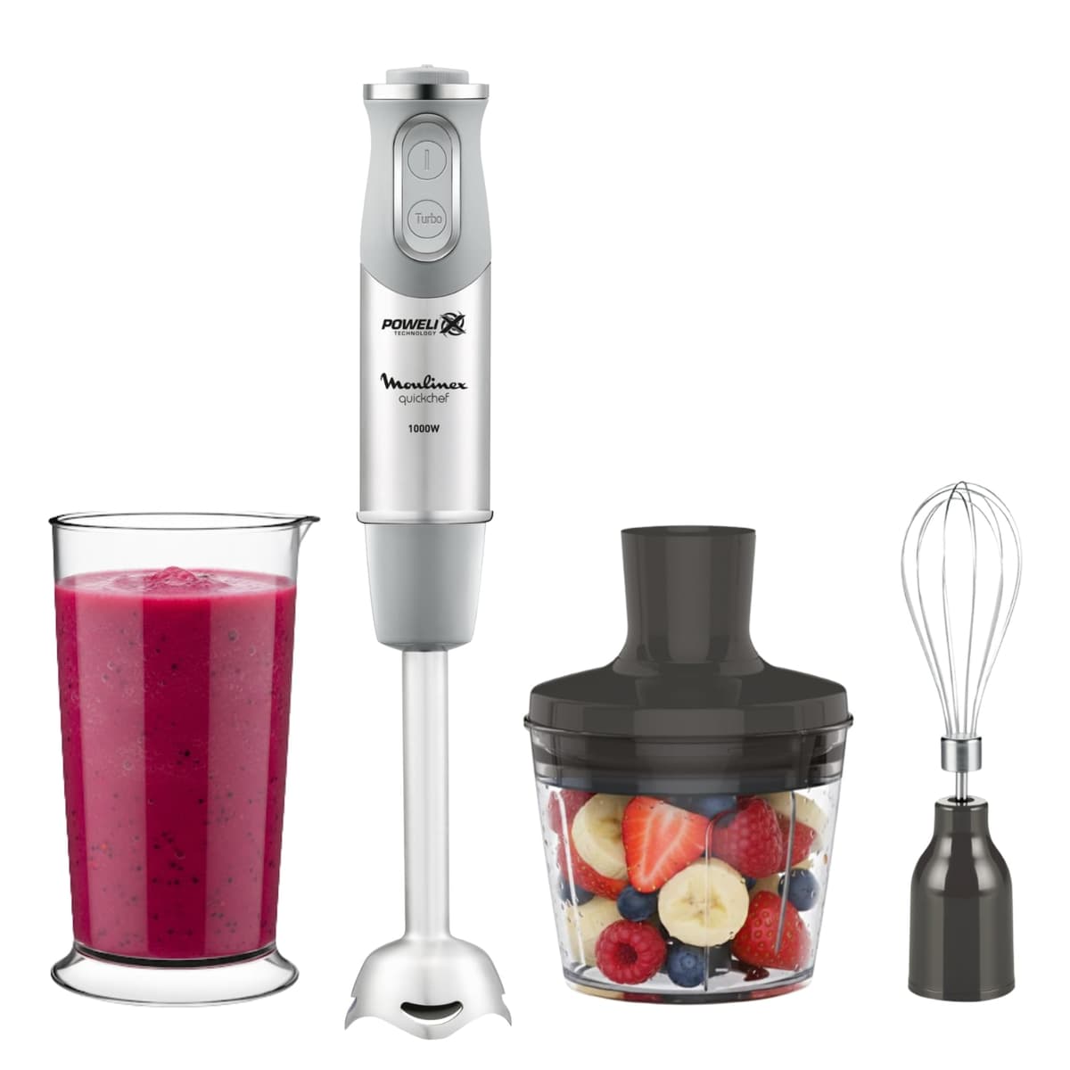 Moulinex QuickChef, Batidora de Mano 1000 W, Regulador de 10 Velocidad Turbo, 3 Accesorios para Picar y Montar y Vaso Medidor, Cúpula Antisalpicaduras, Acero Inoxidable, DD655D Negra | 3 Accesorios