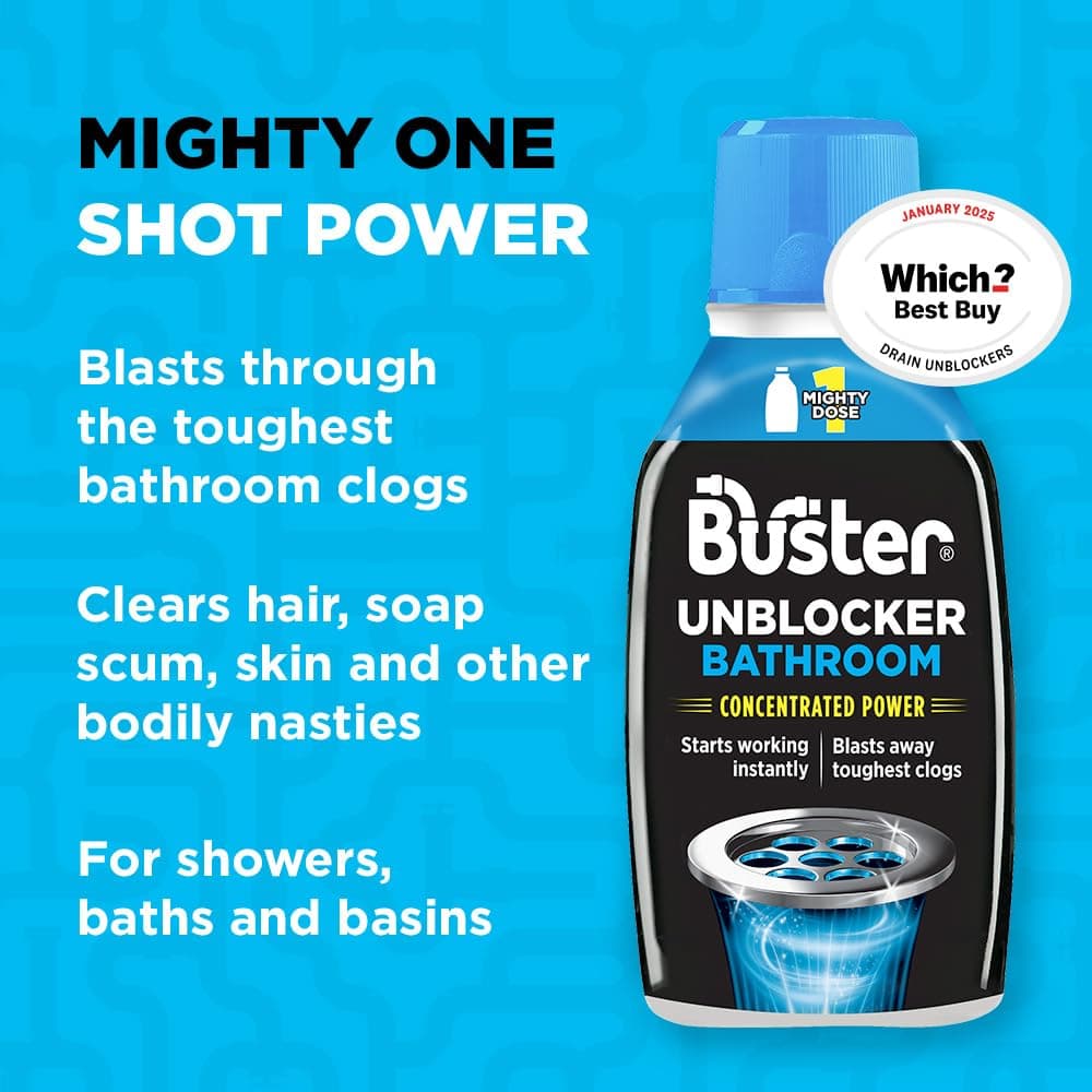 Buster Bathroom Drain Unblocker (Pack of 2 x 300ml) Fast-Acting Sink Unblocker Dissolves Hair, Sludge and Soap, Drain Cleaner Clears Blockages in Shower, Bath and Bathroom Sink Pipes - Made in UK — view 2