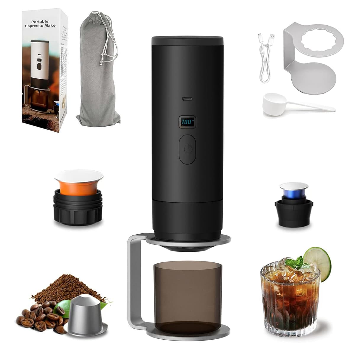 3-in-1 Portable Coffee Maker, 15 Bar Portable Espresso Machine with LED Display and 90ml Sink, Compatible with Ground Coffee & Capsules(Ns&DG) for RV, Hiking, Office, Auto-Heating, USB-C (Purple) — view 11