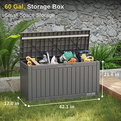 EAST OAK Outdoor Storage Box, 60 Gallon Deck Box Indoor and Outdoor Use, Waterproof Resin Storage Bin for Patio Cushions, Gardening Tools, Lockable, UV Resistant, Grey