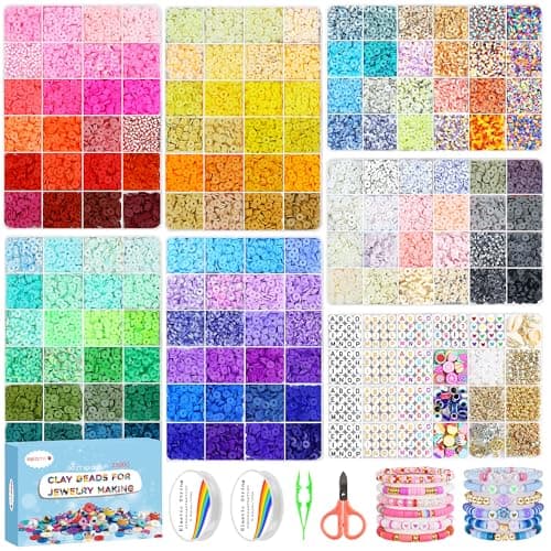 Redtwo 23000Pcs Clay Beads Friendship Bracelet Making Kit, 7 Boxes 144 Colors Flat Polymer Heishi Beads Set for Friendship Jewelry Making Kit with Pendant Charms, Crafts Gifts for Girls Ages 6-12 Kids