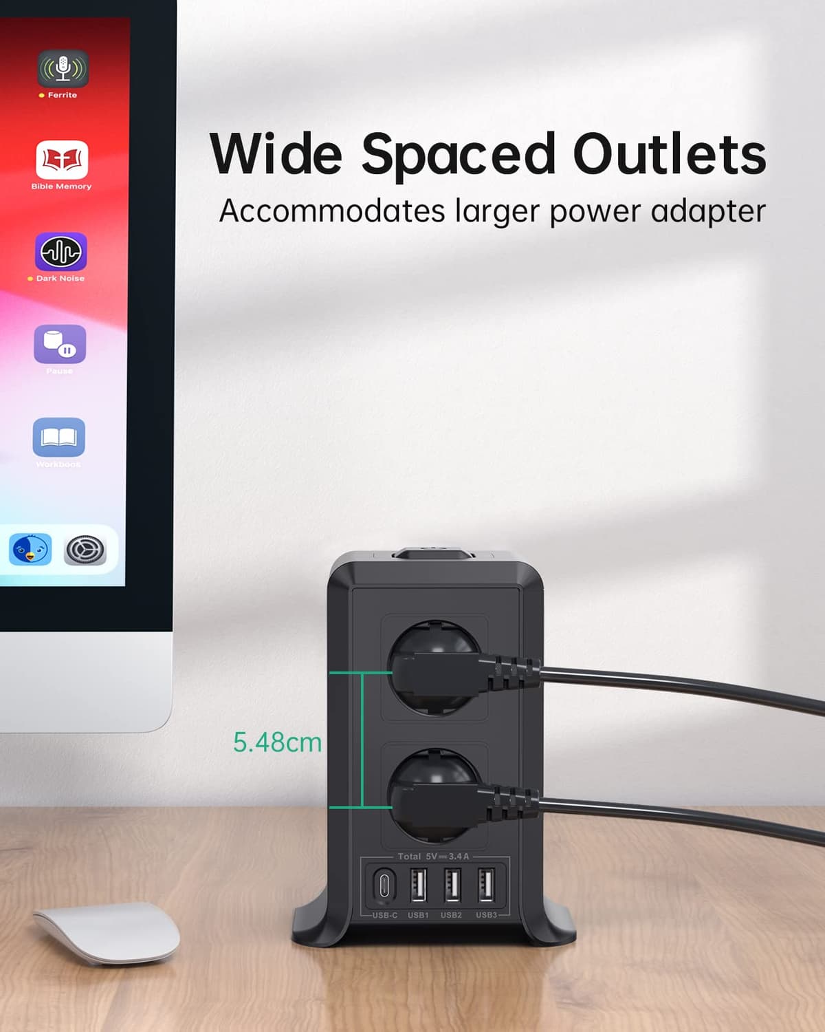Torre Regletas Enchufes, Regleta USB 8 Tomas de AC y 4 USB Enchufe Multiple, 2500W/10A,Regleta Enchufes Proteccion Sobretension, 2M Regreltas Vertical con Interruptor para Mesa, Oficia, Casa, Negro — view 7