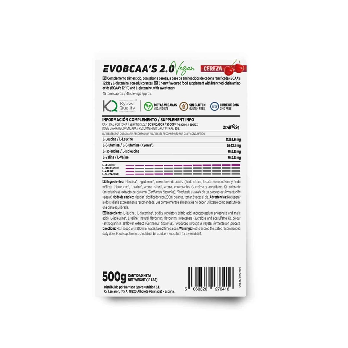 HSN BCAA con Glutamina Evobcaa's 2.0 | Cereza 500g | Aminoácidos Ramificados Ratio 12:1:1 (Leucina + Valina + Isoleucina) | No Incluye Dosificador | No-GMO, Vegano, Sin Gluten — view 2