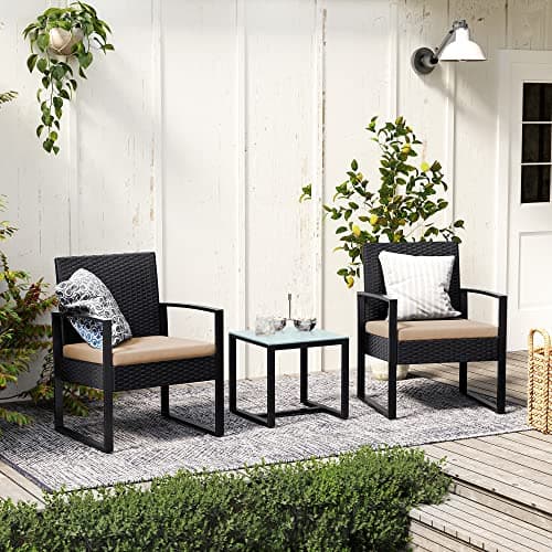 SONGMICS 3-Piece Patio Set Outdoor Patio Garden Furniture Sets, PE Rattan, Outdoor Seating for Bistro Front Porch Balcony, Easy to Assemble, 2 Chairs and 1 Table, Black and Beige UGGF010WZ05 — view 2