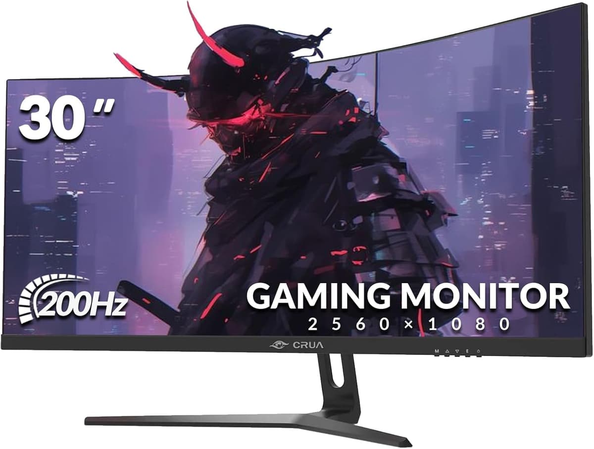CRUA 30 Inch Curved Gaming Monitor, Ultra-Wide WFHD 2560×1080, 200Hz/144Hz, 0.5ms, 1500R VA Panel, 120% sRGB, AMD FreeSync, HDMI & DP, Wall Mountable, Eye Care, PC Monitor for Gaming & Office - Black — view 2