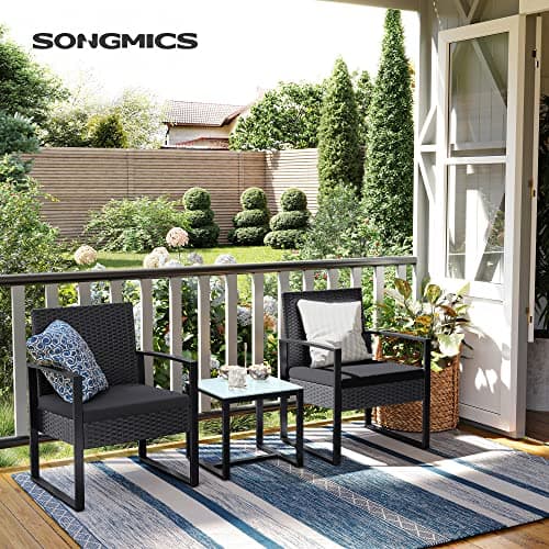SONGMICS 3-Piece Patio Set Outdoor Patio Garden Furniture Sets, PE Rattan, Outdoor Seating for Bistro Front Porch Balcony, Easy to Assemble, 2 Chairs and 1 Table, Black UGGF010BZ05