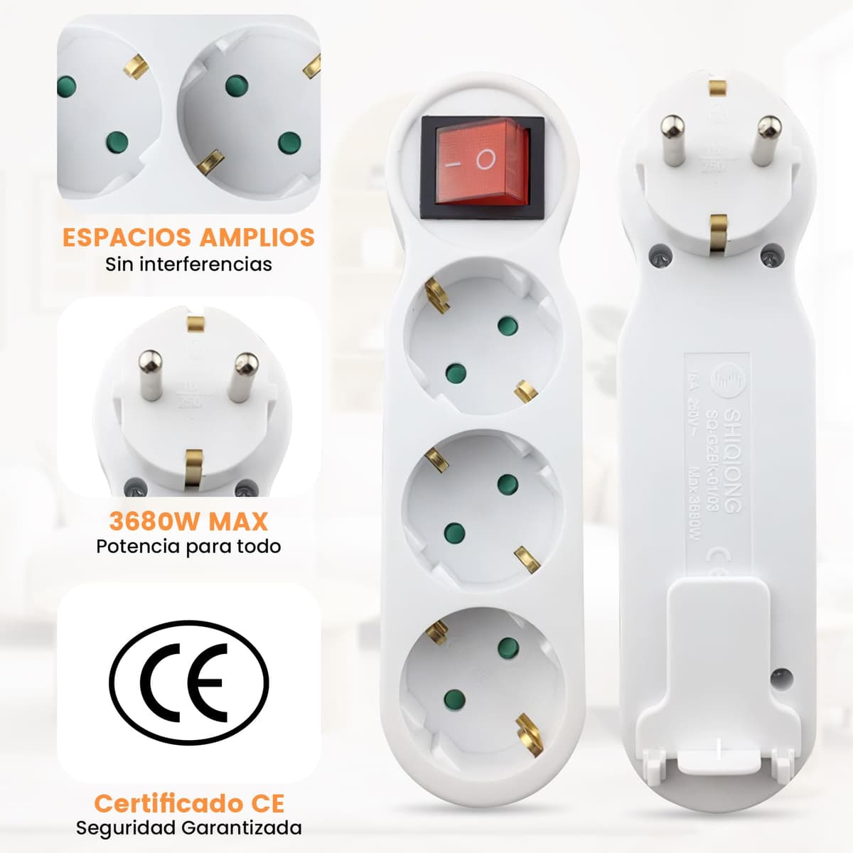 Triple Flat Socket Plug, 3 Outlets with Switch and Indicator Light, 16A 250V, 3680W, Compact for Wall, Multiple Socket for Office, Living Room, Bedroom, Kitchen — view 4