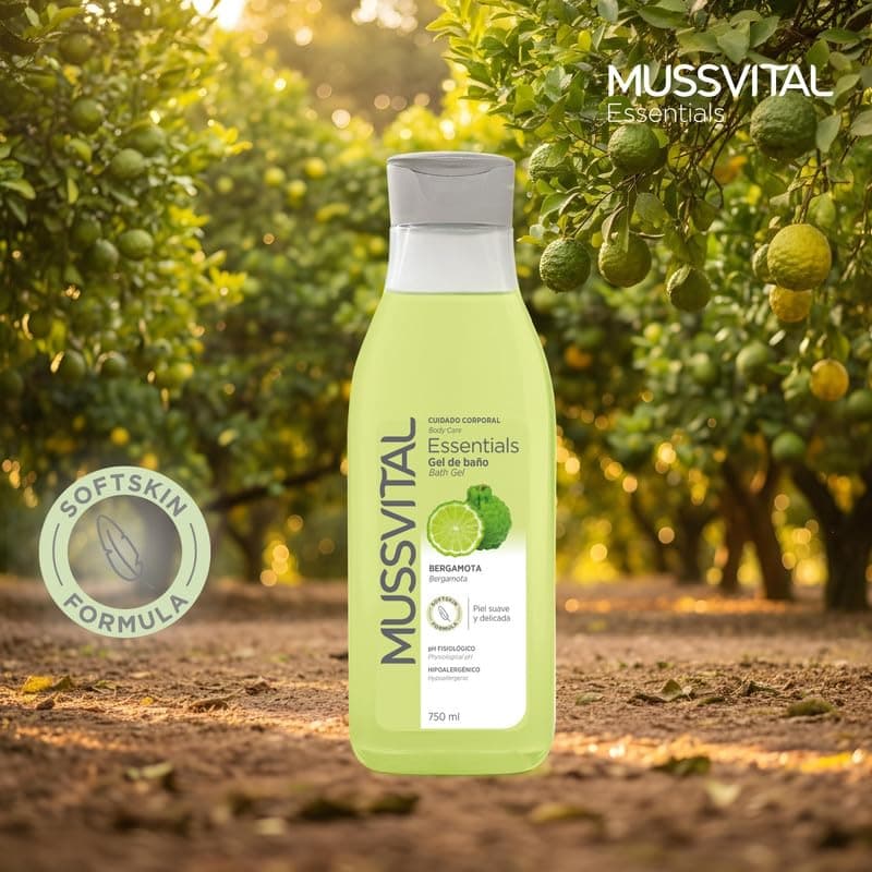 MUSSVITAL Essentials Bergamot Bath Gel 750 ml, pH 5.5 Physiological, with Panthenol, Gentle Washing Base, Daily Skin Cleaning, Body Hygiene — view 5