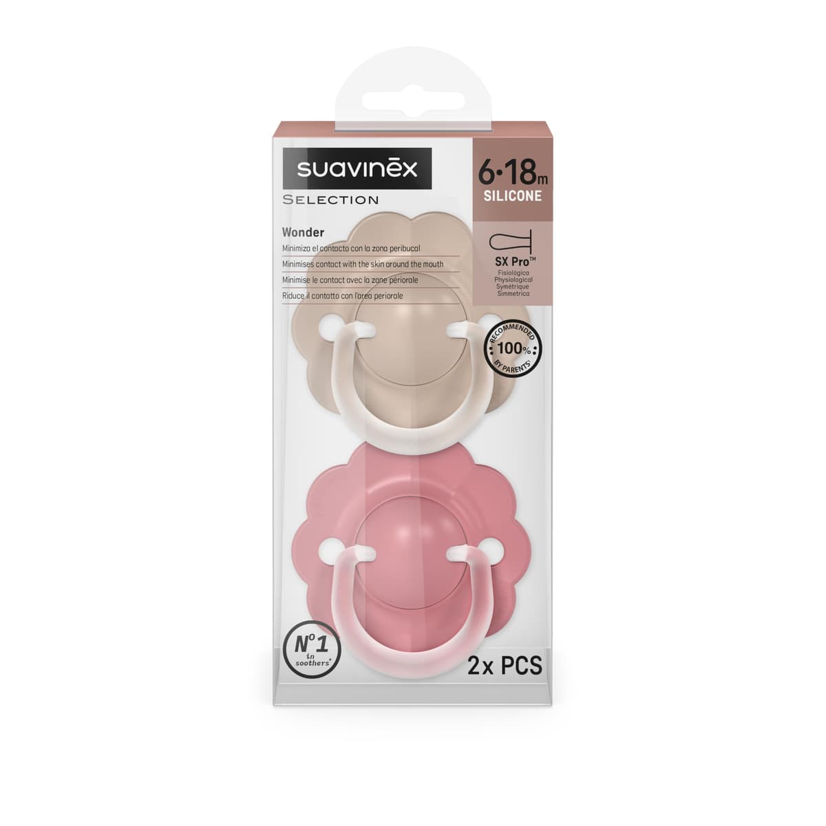 Suavinex, Pack 2 Chupetes Bebés 6/18 Meses, con Tetina Fisiológica de Silicona SX Pro, Simétrica, Plana y Flexible, Respeta el Desarrollo Bucodental, con Anilla, Evita Rozaduras, Wonder Beige + Rosa — view 4