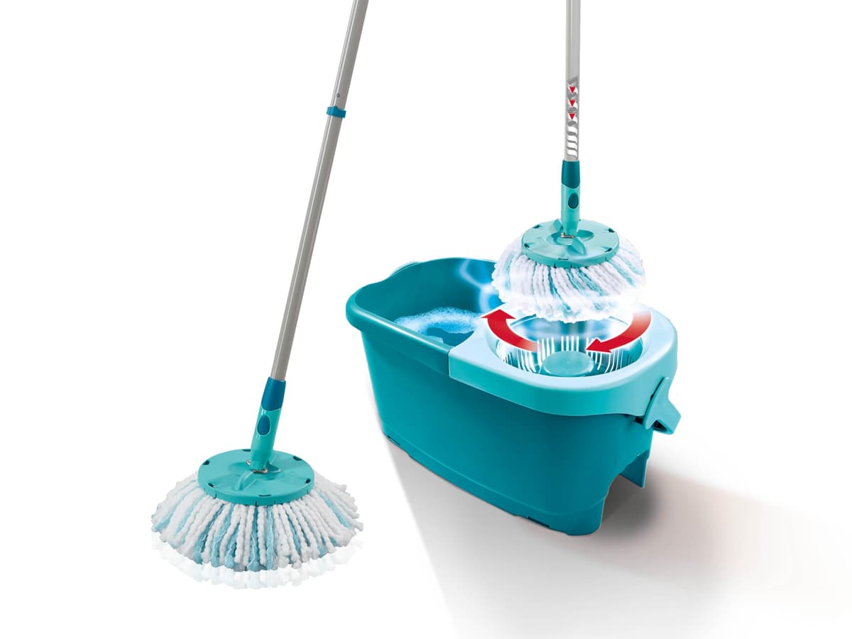 Leifheit Set de fregona rotatoria Clean Twist Disc Mop Ergo 2.0, fregona giratoria con cabezal Micro Duo, set de limpieza en húmedo