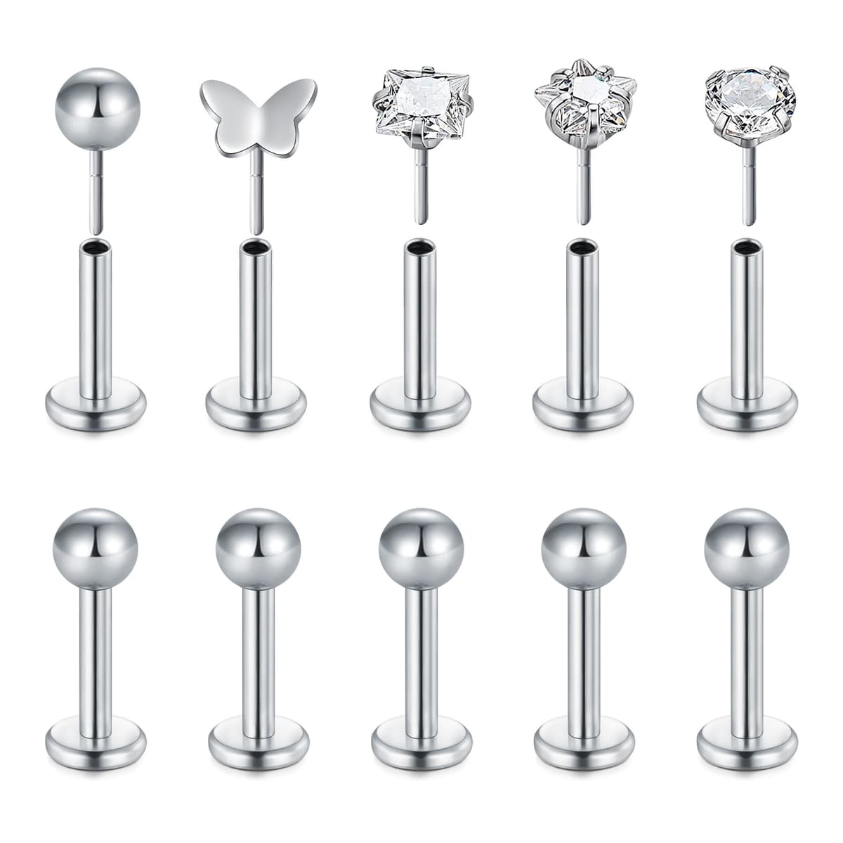 Briana Williams 10pcs 1.2mm 316L Acero Inoxidable Labret Labio Piercing Tragus Helix cartílago Pendiente Barbell Stud, 6-8 mm Longitud de la Barra — view 12