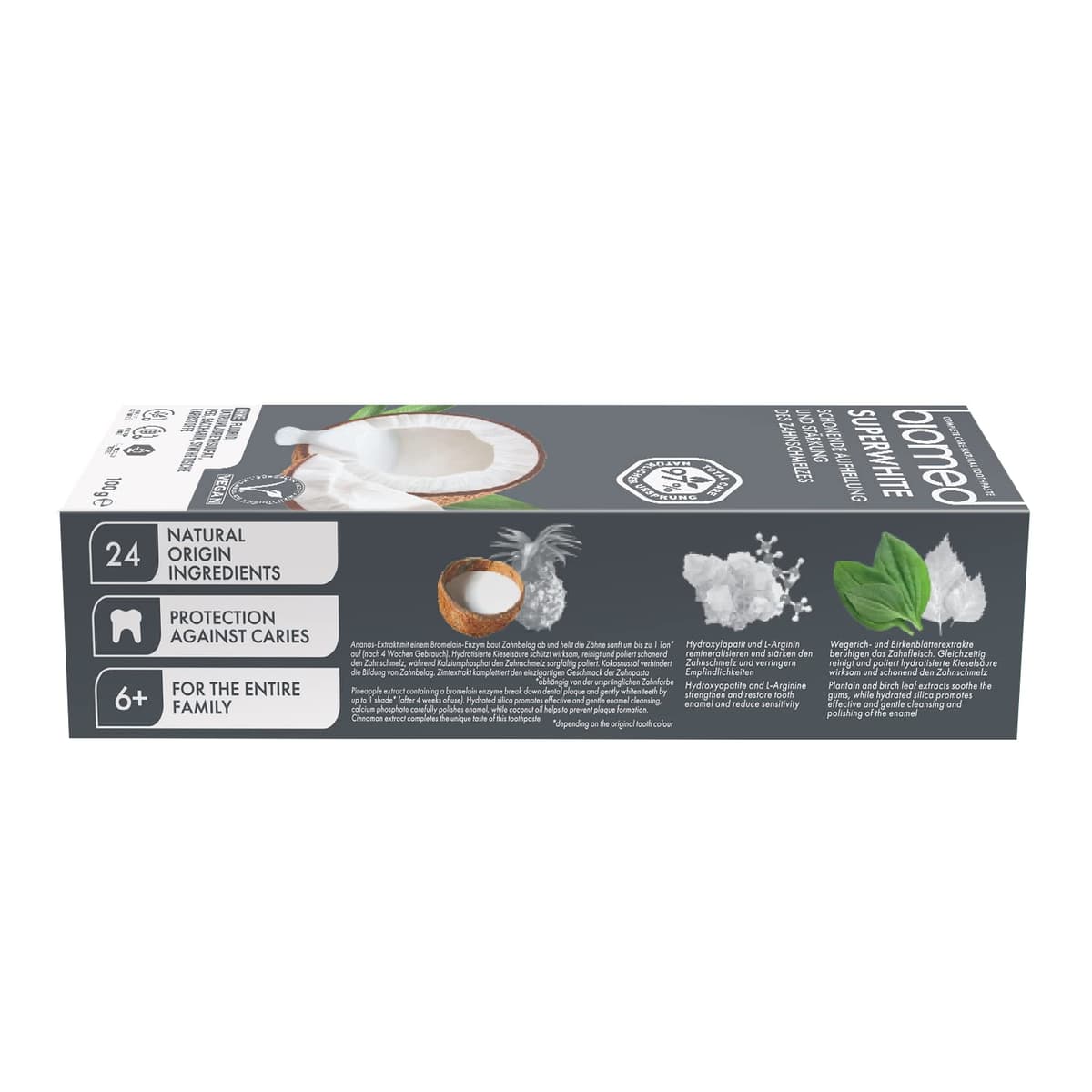 Pasta de dientes blanqueadora 97 % natural Biomed Superwhite, Fortalecedora de esmalte, Sabor a coco, apto para veganos, sin SLES 100 g — view 2