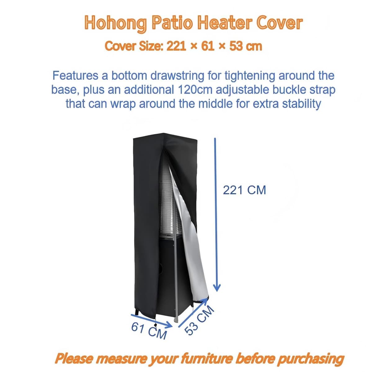 Patio Heater Cover Waterproof, 221×61×53cm Outdoor Heater cover, 420D Oxford Fabric Patio Heater Covers for Pyramid Stand Up Heaters with Zipper and Drawstring-Black — view 2