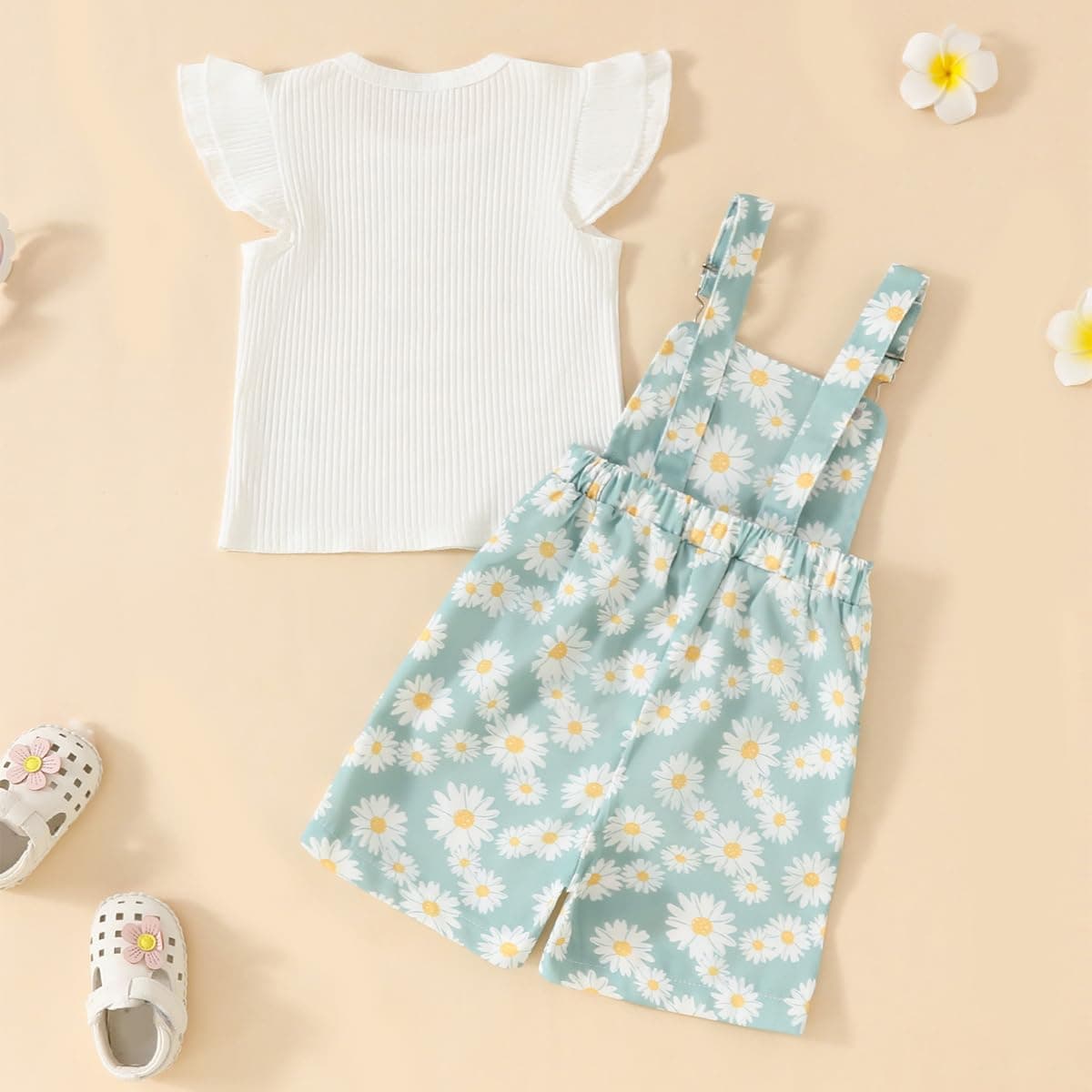 Conjunto Ropa de Verano para Bebé Niña Top de Canalé con Volantes+ Estampado de Margaritas Pantalones Cortos con Peto Bretelles Adorable Infantil Trajes — view 3