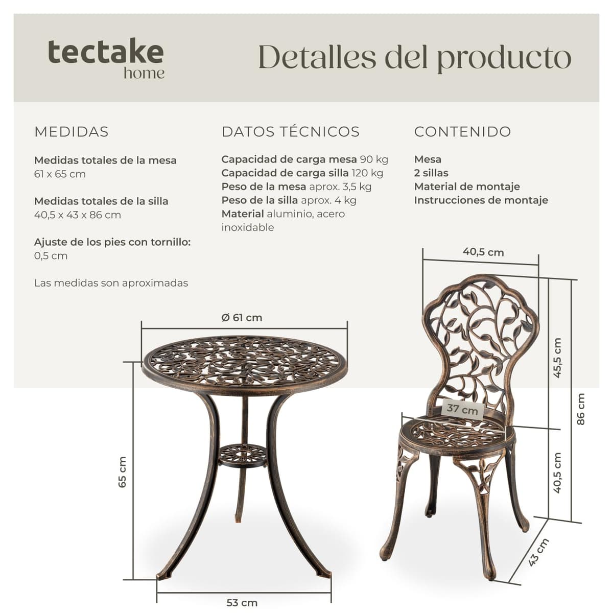 TecTake 3 Piece Bistro Set, Outdoor Garden Chairs and Retro Table, Outdoor Terrace Set, Garden Furniture – 2 Chairs 1 Table — view 6