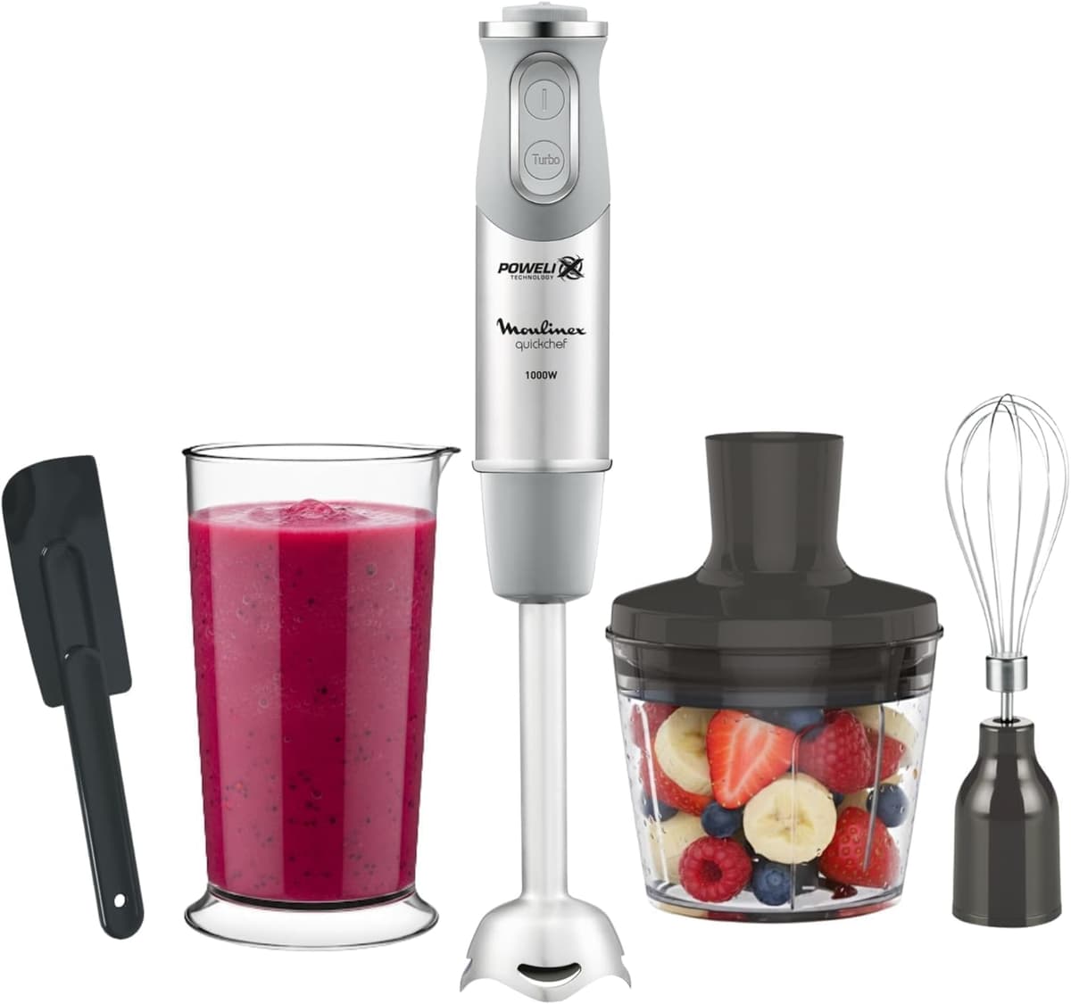 Moulinex Quickchef, Batidora de mano, Potencia de 1000 W, Cuchillas Powelix, 20 velocidades variables y modo turbo, Incluye picadora 500 ml, vaso medidor 800 ml y varillas, Gris, DD655DES
