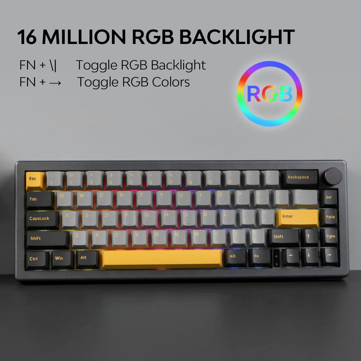 EPOMAKER EK68 Teclado Mecánico Inalámbrico/Bluetooth/USB-C. 65% Teclado con batería 3000mAh,Volumen botón,RGB,Hot Swap,para Juegos/Oficina/PC/Mac/Linux (US Negro Oro, Gateron Yellow Switch) — view 5