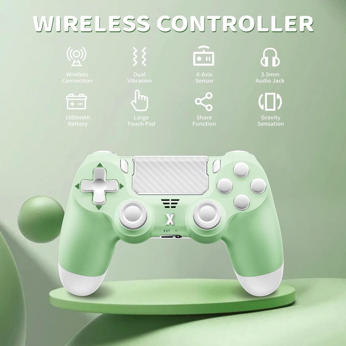 Suoxiom Wireless Controller for PS4, Game Controller for P4/Slim/Pro/PC, Bluetooth Gamepad Joystick with Vibration Touch Panel, Upgraded Six-Axis Sensor, 3.5mm Audio Jack (Light Green) — view 2