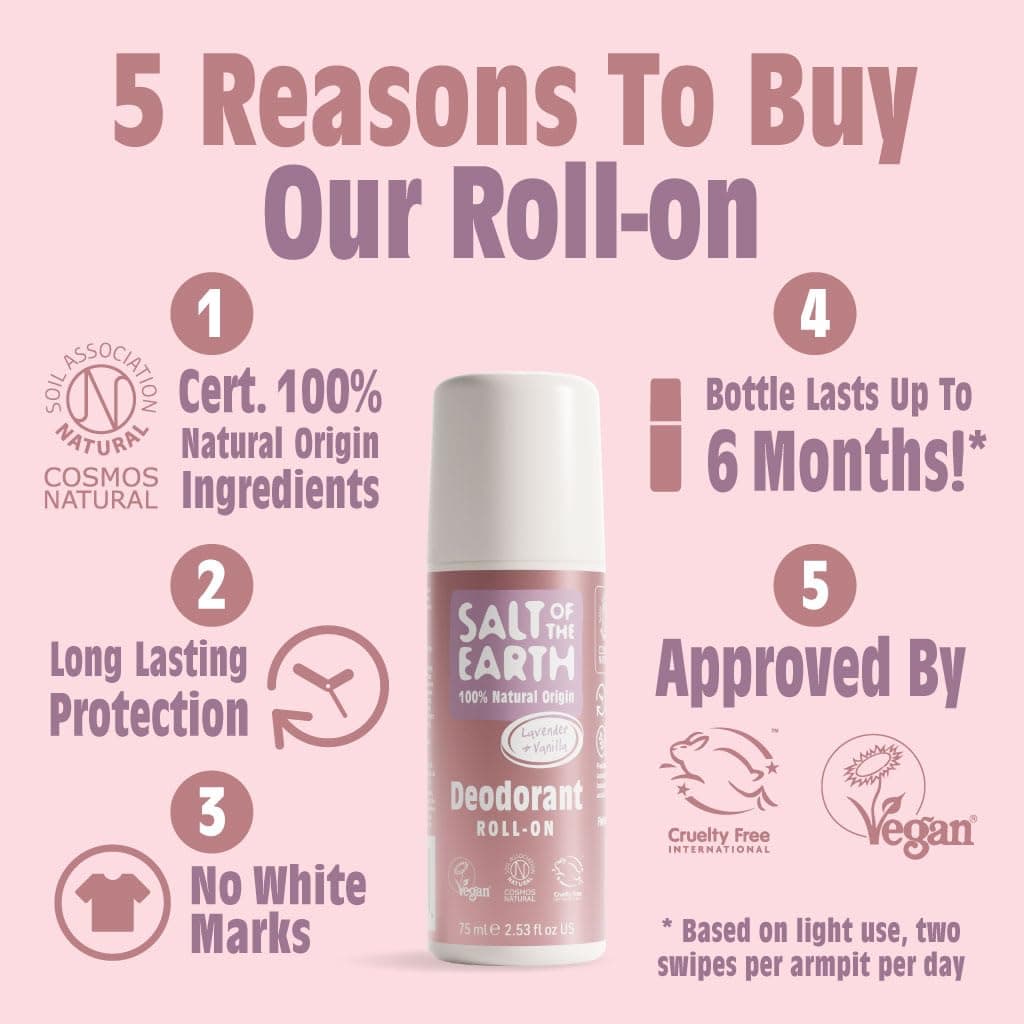 Salt of the Earth - Natural Deodorant Roll On - Lavender & Vanilla - Vegan Formula with Effective Long-Lasting Protection, Made in the UK - Suitable for Women, Men & Kids - 75ml — view 2