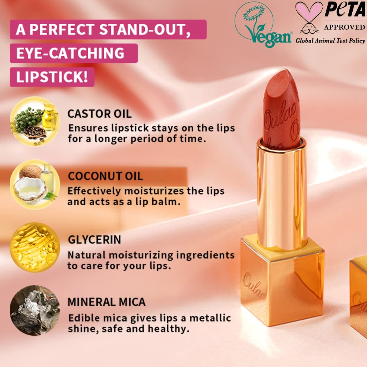 OULAC Pintalabios Rosa Brillo Metálico, Brillo 3D de Larga Duración, Barras de Labios de Alta Pigmentación y Cobertura Total, Fórmula Cremosa e Hidratante, Vegan, 4.3 g, (15) Velocity — view 4
