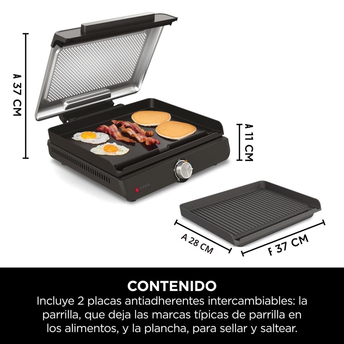 Ninja Sizzle Parrilla y plancha de interior eléctrica, dos placas intercambiables antiadherentes aptas para lavavajillla, bandeja para grasa, control de temperatura y guía de recetas, en gris, GR101EU — view 4