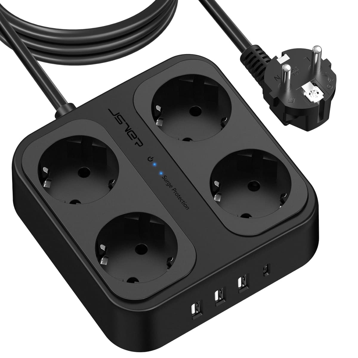 JSVER Regleta Enchufes USB, Proteccion Sobretension con 8 Toma de Corriente y 4 Puertos(5V3,4A) Estación de Carga Inteligente Tomas Alargadora con Cable 1.8m-Negro — view 22