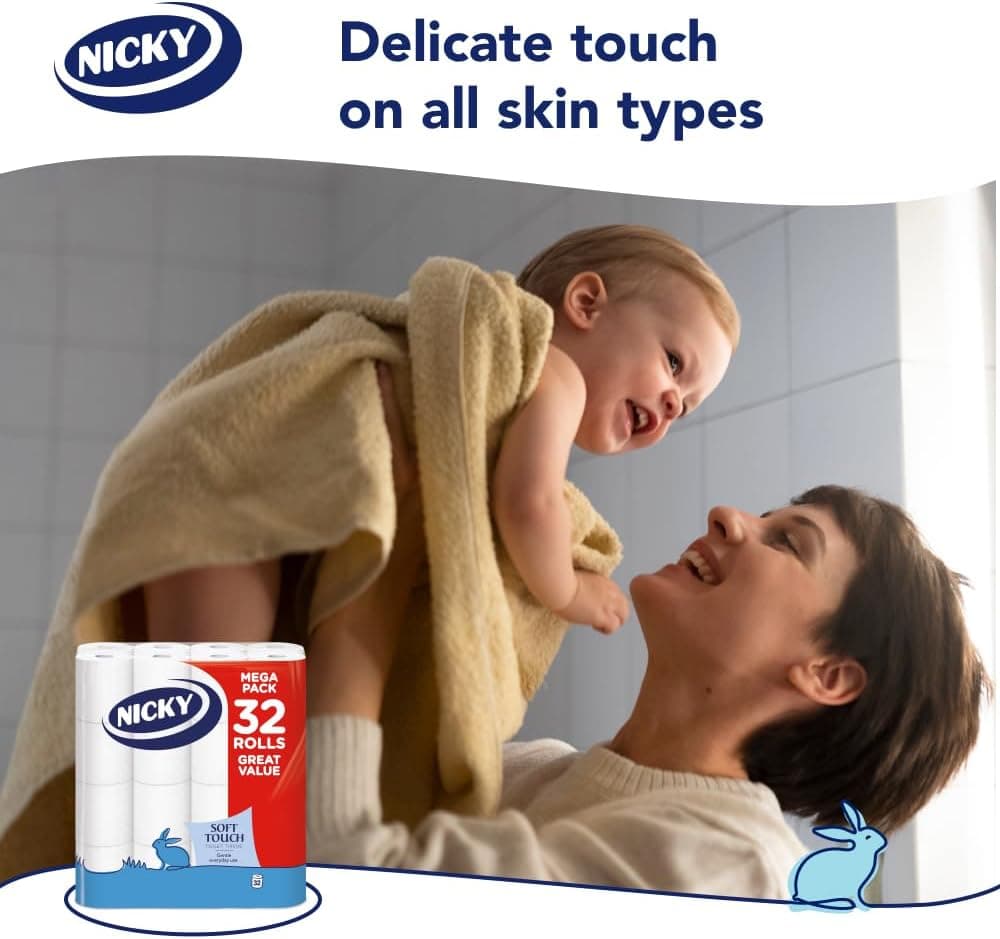 Nicky Soft Touch Toilet Tissue - 32 Rolls of Extra Gentle White Toilet Paper, 190 Sheets per Roll, 2-ply, Soft Tissue, Modern Embossing, Easy Opening, 100% FSC Certified Paper — view 3