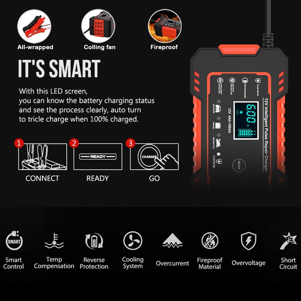 12V/6Amp Car Battery Charger, Smart Fully Automatic Battery Charger with Temperature Compensation for Most Types of Lead Acid Batteries, Red, AC Connection Required — view 2