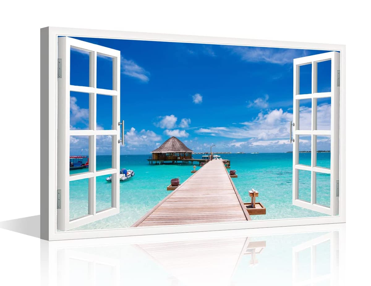 TISHIRON 3D Window View Seaside Effect Canvas Wall Art Prints for Living Room Bedroom Decor Office Kitchen Home Decoration Framed Ready to Hang 12x18inch — view 40