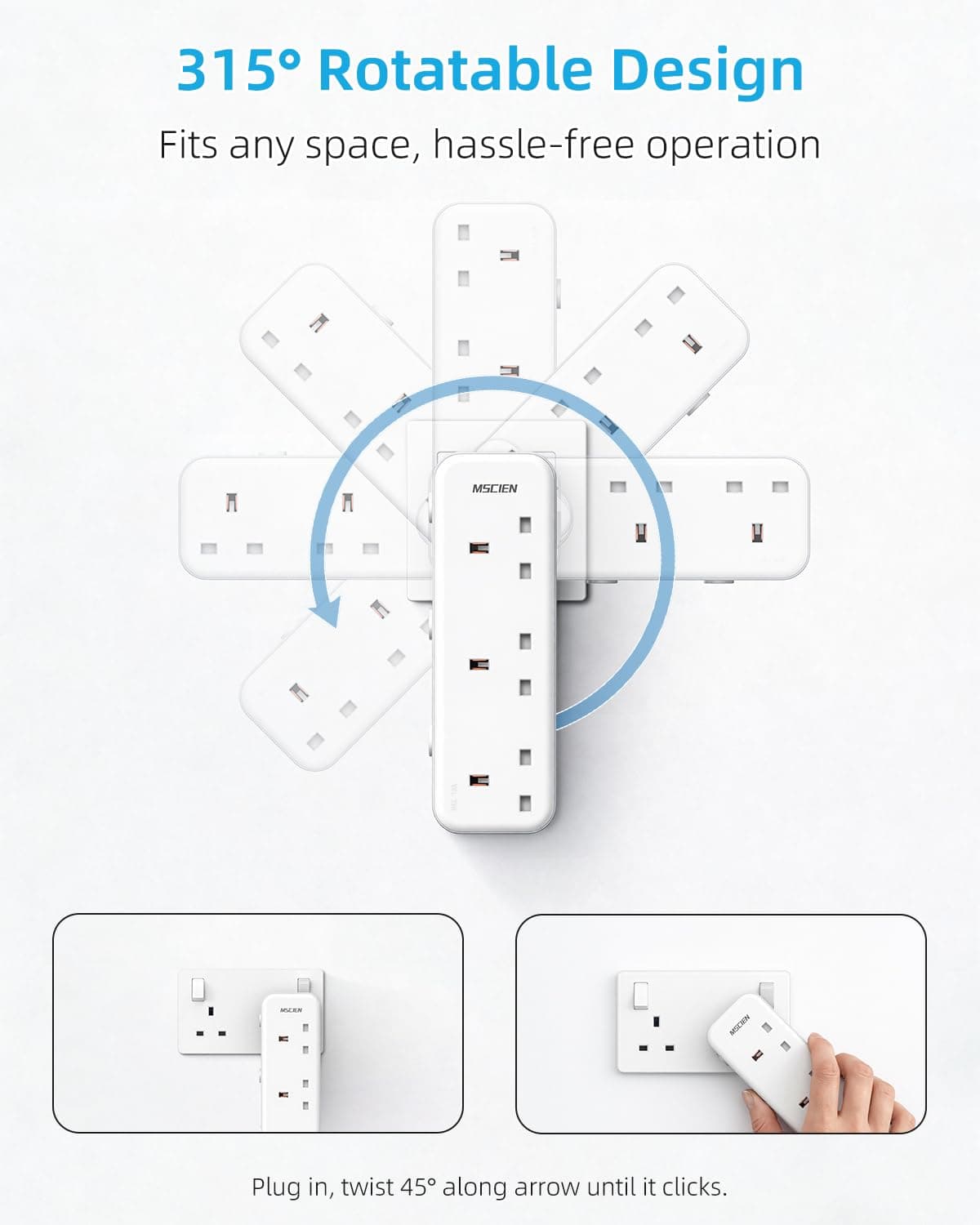 Mscien Multi Plug Extension Socket, UK Wall Socket Plug Extender with 315 Degree Rotating Design for Home, Office, Dorm (3 Way UK Sockets) — view 2